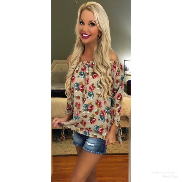 ❤️LAST 1! Off Shoulder Floral Top-Self Tie Sleeves - Picture 4 of 4
